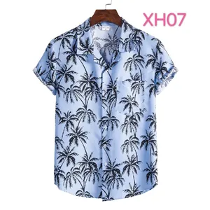 Men's slim fit short sleeve summer shirt with tropical black palm tree print on blue