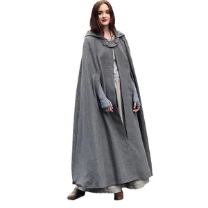 Elegante lange grijze cape met capuchon voor dames, wollen jas in vintage stijl voor Halloween