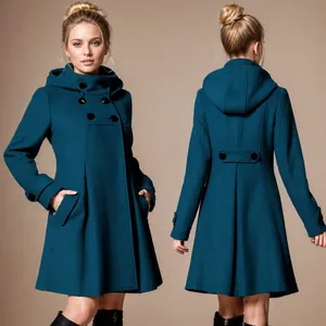 Dames Middellange Faux Wollen Jas Met Kapuchon Double Breasted A-Lijn Cape Stijl Windjack Elegante Winter Warme Bovenkleding