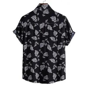 Back view of men's casual floral short sleeve shirt in black with white print