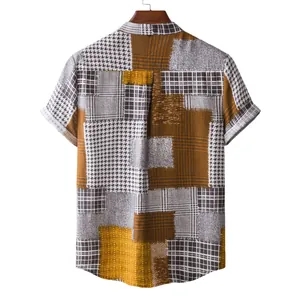 Back view of men's short sleeve casual shirt with vintage mustard patchwork pattern