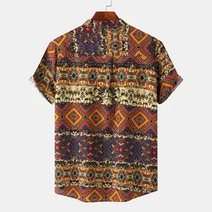 Back view of a men's casual short sleeve shirt featuring a vibrant ethnic art print