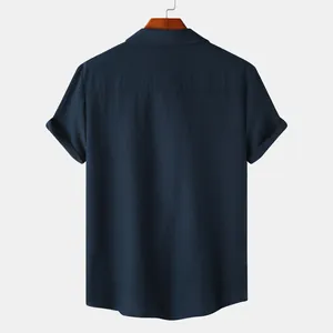 Detailed back view of a navy blue textured short-sleeve casual shirt for men
