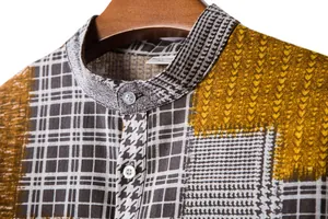 Close-up of men's casual linen patchwork shirt collar with white buttons