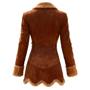 Back view of women's vintage brown suede jacket with faux fur lining and wavy hem