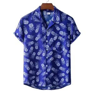 Men's blue Hawaiian short sleeve shirt featuring a white pineapple print and lapel