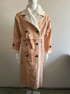Dettaglio di un cappotto lungo rosa con colletto in sherpa bianco su manichino bianco