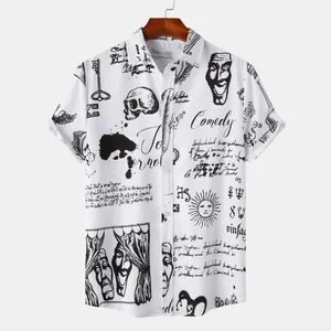 Detailed view of men's white short-sleeve shirt with black vintage Halloween graphic prints