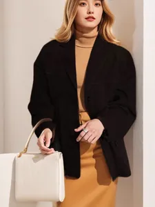 Veste blazer vintage noire ample à manches longues avec poches pour femmes, chic