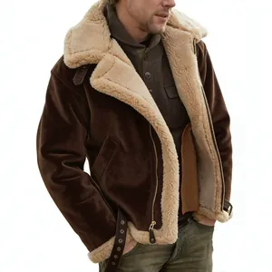 Men American Vintage B3 Bomber Jacket Faux Shearling Lined Suede PU Leather Coat Thick Warm Winter Outwear Full Zip Flight Jacket