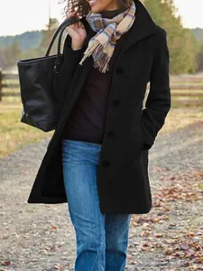 Vintage black mid-length wool blend coat for women, perfect for autumn and winter outfits
