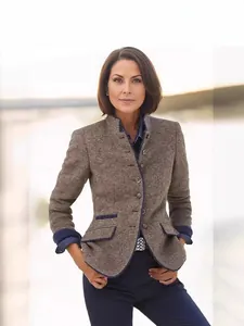 Elegant women's brown wool jacket with multi-button closure and contrasting blue trim details.