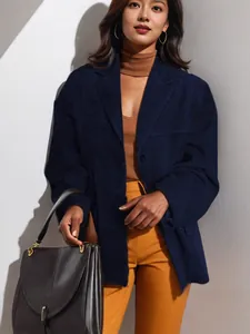 Blazer décontracté bleu marine à manches longues pour femmes au style rétro automne