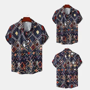 Front and back detail views of men's tribal geometric print short-sleeve beach shirt