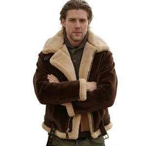 Men's vintage brown faux shearling suede aviator jacket with warm cream fleece lining