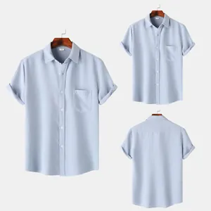 Detailed views of light blue textured men's short-sleeved shirt with front chest pocket
