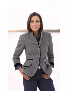 Professional elegant gray wool jacket for women with contrast black trim and button details