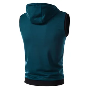 Vue arrière d'un gilet de sport à capuche pour homme en bleu-vert foncé avec bordure
