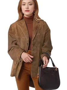 Veste blazer vintage marron 2024 élégante en daim à manches longues pour femmes