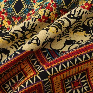 Macro view of ethnic Hawaiian print and woven fabric texture for men's casual summer shirt