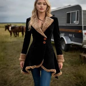 Elegant women's black faux suede coat with brown fleece lining for autumn winter