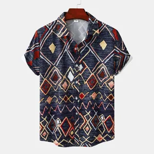 Men's vintage ethnic geometric print short-sleeved casual beach holiday shirt on hanger
