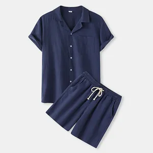Detail view of men's navy blue cotton linen short sleeve shirt and shorts set