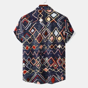 Back view of men's tribal geometric print short sleeve beach shirt on a hanger