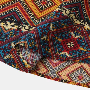 Close-up of vibrant geometric ethnic print fabric for men's Hawaiian shirt
