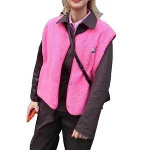 Women's stylish loose sleeveless pink fleece vest jacket with single-breasted buttons