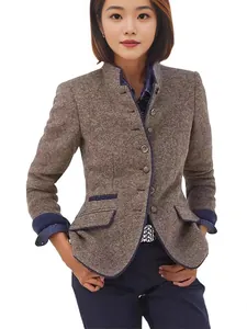 Women's casual wool tweed jacket with contrast trim and multi-button stand collar design