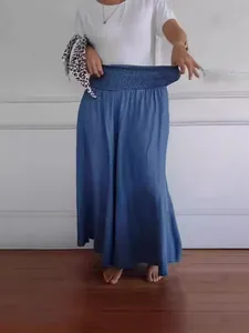 Casual ψηλόμεσο παντελόνι με φαρδύ μπατζάκι σε μπλε στυλ τζιν για γυναίκες καλοκαίρι