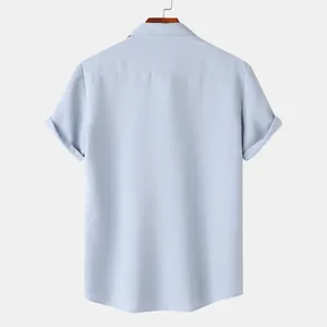 Back view of men's casual light blue short sleeve shirt with textured fabric detail