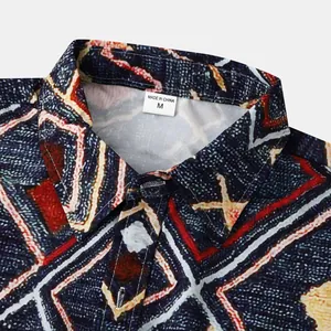 Detailed close-up showing the collar and size M label of a men's geometric print beach shirt