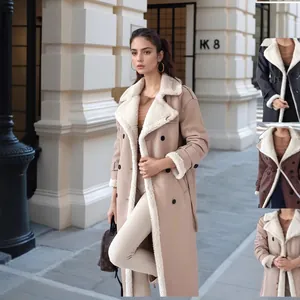 Elegante cappotto lungo da donna in shearling con collo a revers e fodera calda