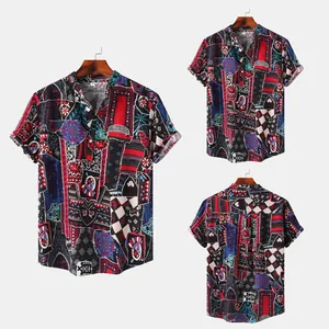Detailed front side and back views of men's bohemian patchwork Hawaiian print shirt