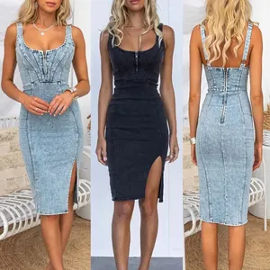 Damen Retro Acid Wash Denim Kleid Polyester U-Ausschnitt Träger Schlitz Distressed Midi Bodycon Kleid Ärmellos Reißverschluss Lässiges Sommerkleid