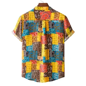 Back view of men's summer short-sleeved shirt with colorful paisley patchwork print