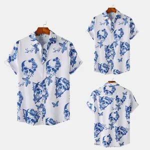 Front and back views of men's casual white shirt with blue skull and floral print