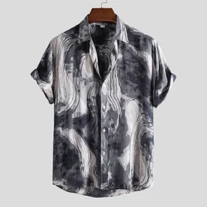 Front view of a men's casual short sleeve shirt featuring a grey abstract flowing print