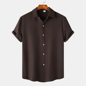 Detailed front view of men's summer short-sleeved solid color shirt in chocolate brown
