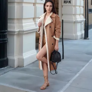 Elegante cappotto lungo da donna color cammello con colletto e fodera in pile bianco