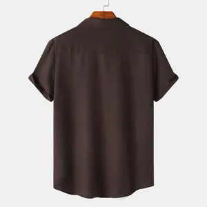 Detailed back view of a minimalist brown men's short-sleeved casual shirt on a wooden hanger