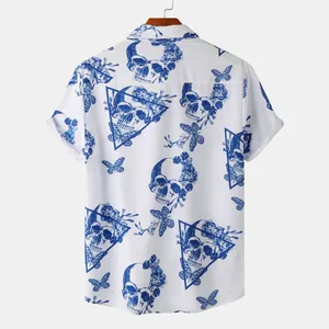 Back view of men's casual short sleeve shirt featuring blue skull and flower print