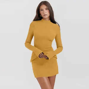 Elegant long sleeve mock neck mini dress in vibrant mustard yellow for women's fashion