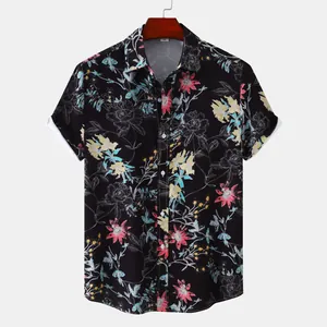 Kurzärmeliges Herren-Blumenhemd in Schwarz mit sommerlichem botanischem Print