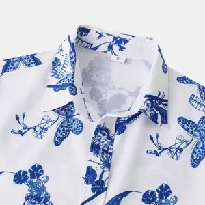 Detail shot of men's casual short sleeve shirt featuring blue butterfly floral print