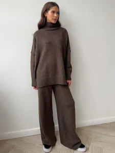Cozy brown turtleneck knit sweater and wide-leg trousers lounge set for winter comfort