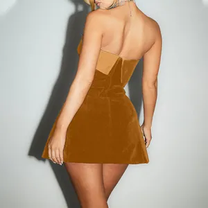 Back view of a sexy mustard yellow velvet strapless backless mini tube dress for women