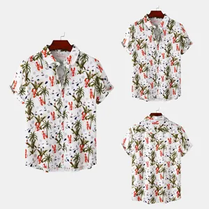 Multi-angle view of white short-sleeved men's beach shirt with lobster and palm print